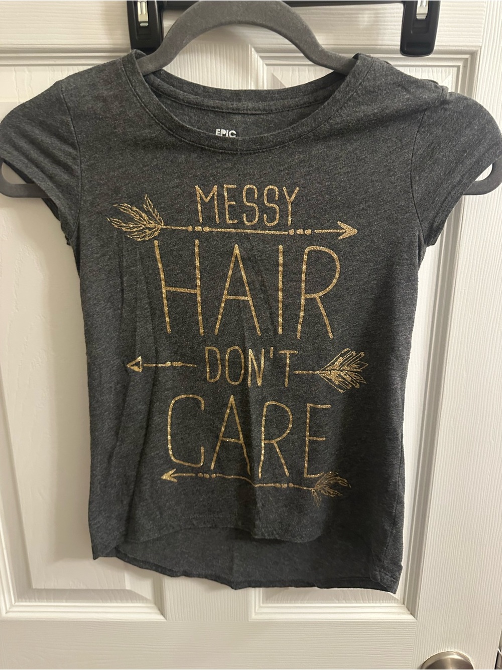 Epic Threads Girls Size Small Gray Short Sleeve T-shirt Messy Hair Don’t Care